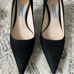 Prada Black Suede Pumps with Metallic Curved Kitten Heel Detail
